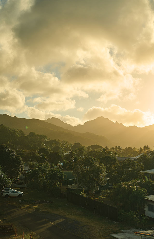 a landscape with mountains and houses